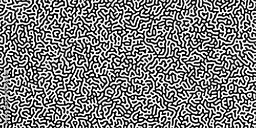 Turing reaction diffusion monochrome seamless pattern with chaotic motion. Linear design with biological shapes. Organic lines in Memphis. abstract truing organic wallpaper background.	