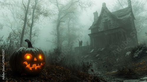 A foggy night in a haunted forest, where a pumpkin zombie with glowing eyes lurks near an old, eerie house, embodying the fear of Halloween night photo