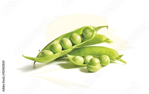 A fresh green pea pod, split open to reveal several bright green peas photo