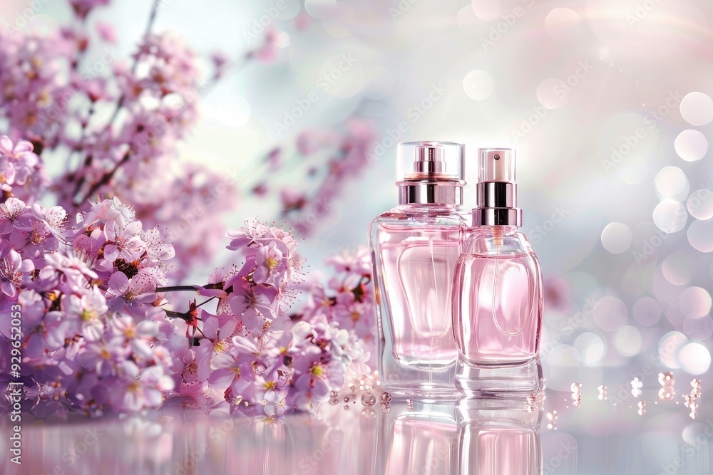Elegant pink perfume bottles accompanied by cherry blossom flowers, creating a refreshing and delicate fragrance setup. Elegant pink perfume bottles accompanied by cherry blossom flowers, creating a refreshing and delicate fragrance setup.