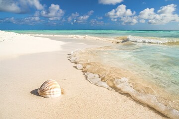 A pristine beach setting with clear blue skies overhead. In the foreground, there's a seashell