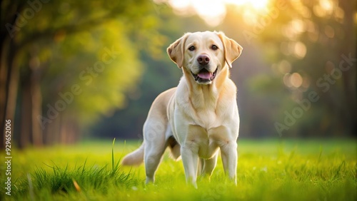 Adorable labrador retriever dog standing on grass , cute, pet, animal, playful, purebred, loyal, friendly, companion, obedient