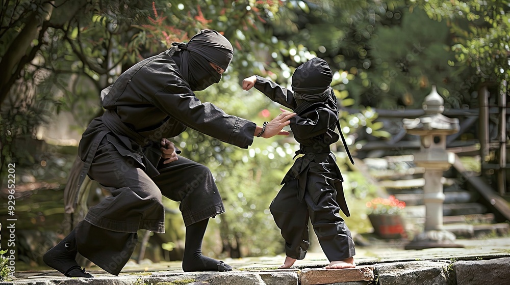 Fototapeta premium Samurai and a child in a sword fight on a traditional Japanese street during the rain. Pagoda and wooden buildings in the background. Intense duel in an old town setting. Generative by AI