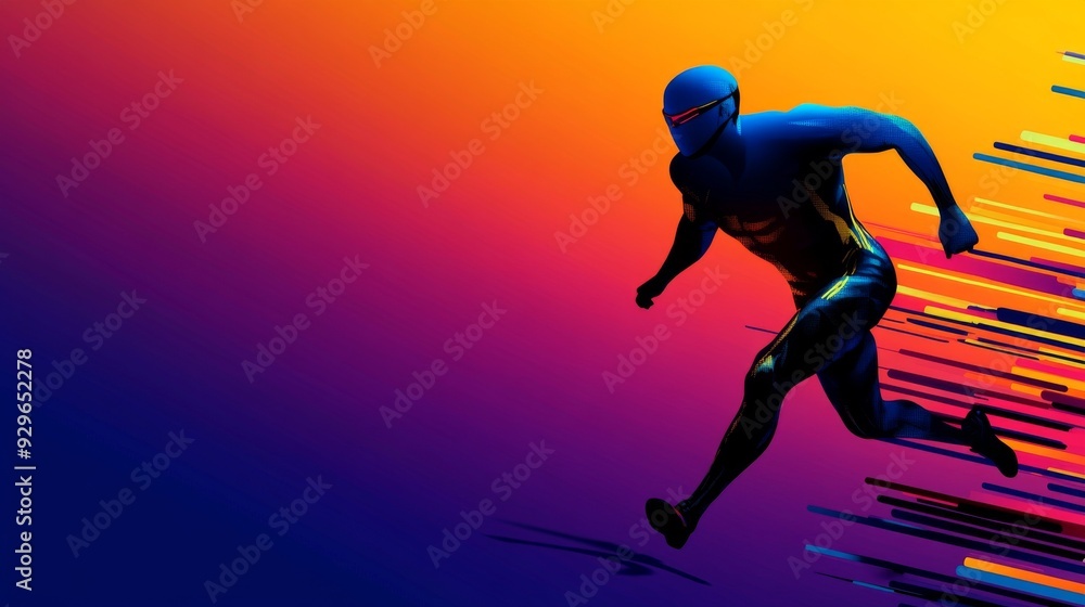 Naklejka premium Dynamic illustration of a runner in motion, showcasing energy and speed against a vibrant gradient background.