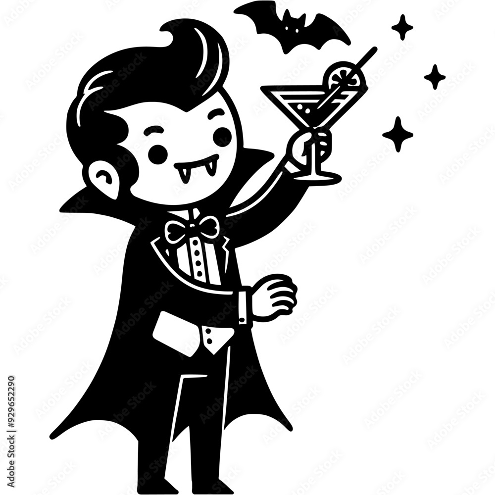 Fototapeta premium Vampire at Halloween party holds glass of alcohol in monochrome. Simple minimalistic vector in black ink drawing on transparent background