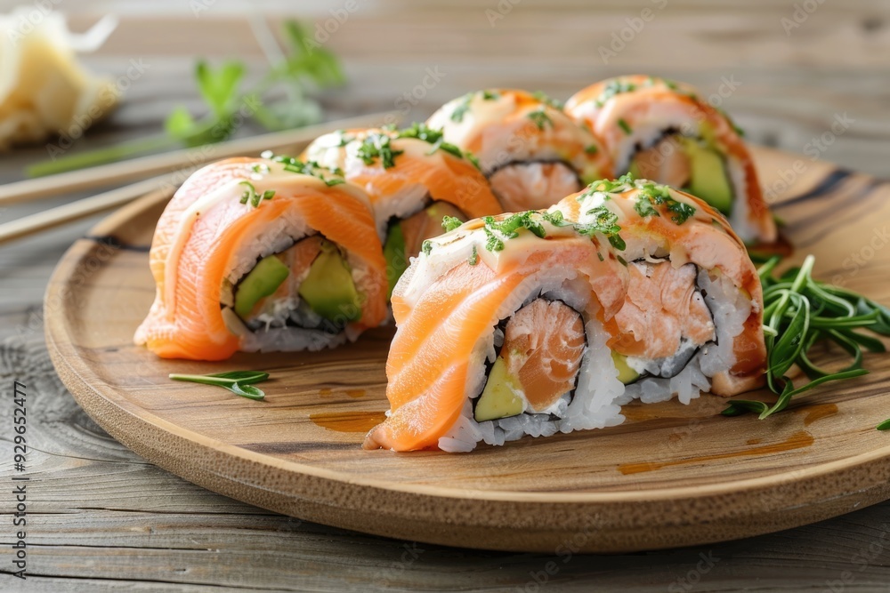 Salmon sushi roll with rice and avocado on a wooden plate Salmon sushi roll with rice and avocado on a wooden plate