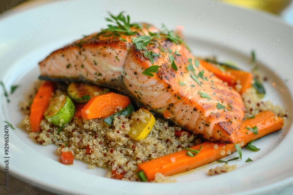 Pan-roasted salmon with a side of quinoa and vegetables Pan-roasted salmon with a side of quinoa and vegetables