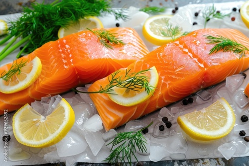 Fresh salmon fillets on ice with lemon slices and dill