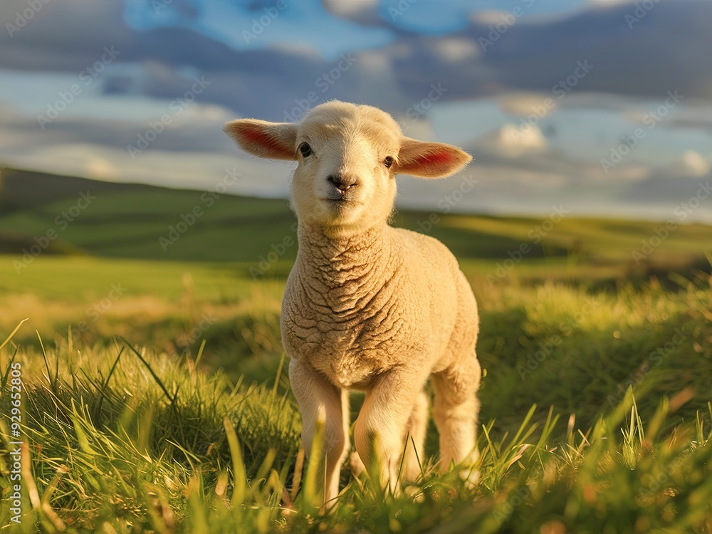 A young lamb standing in a grassy field A young lamb standing in a grassy field