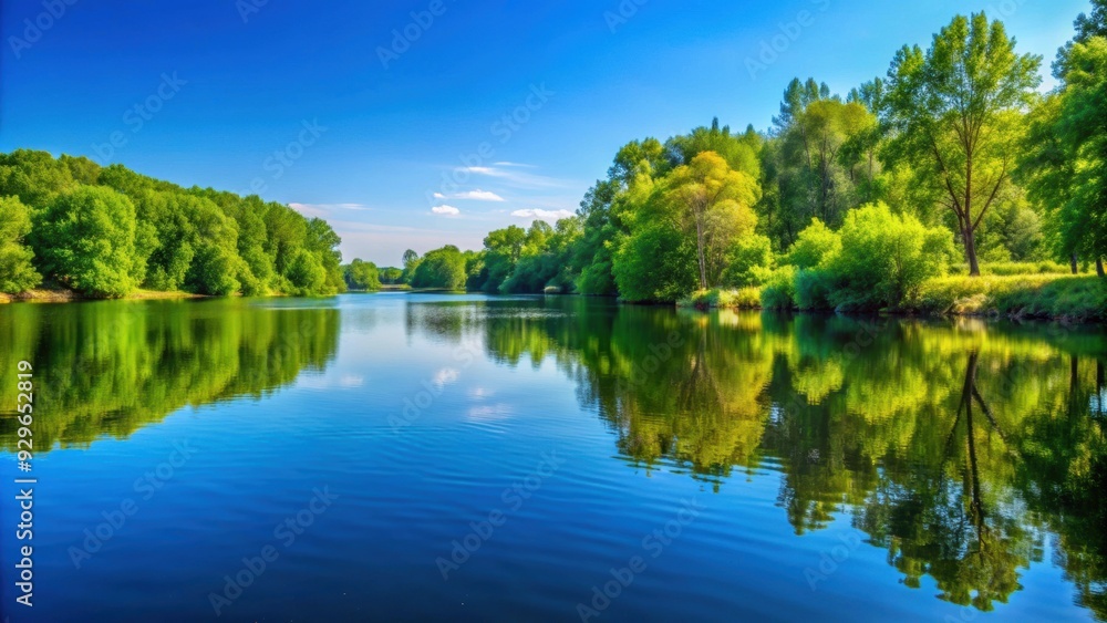 Tranquil natural landscape with calm water, green trees, and clear blue sky, serenity, peaceful, relaxation, serene, nature Tranquil natural landscape with calm water, green trees, and clear blue sky, serenity, peaceful, relaxation, serene, nature