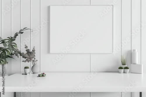 Clean and uncluttered white office space with a white desk and minimalistic decor, promoting focus.