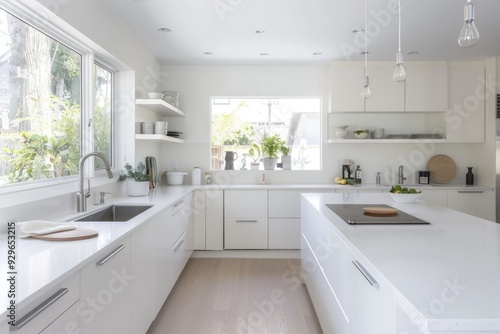 Minimalistic white kitchen featuring white countertops and cabinets, bathed in natural light.