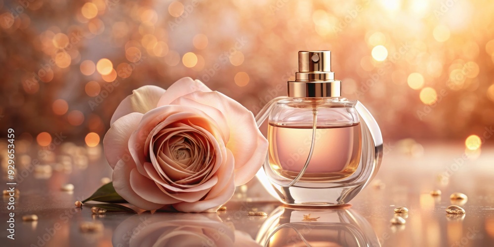 Perfume bottle with rose flower on rose gold background in studio light for product presentation , fragrance, beauty, elegance