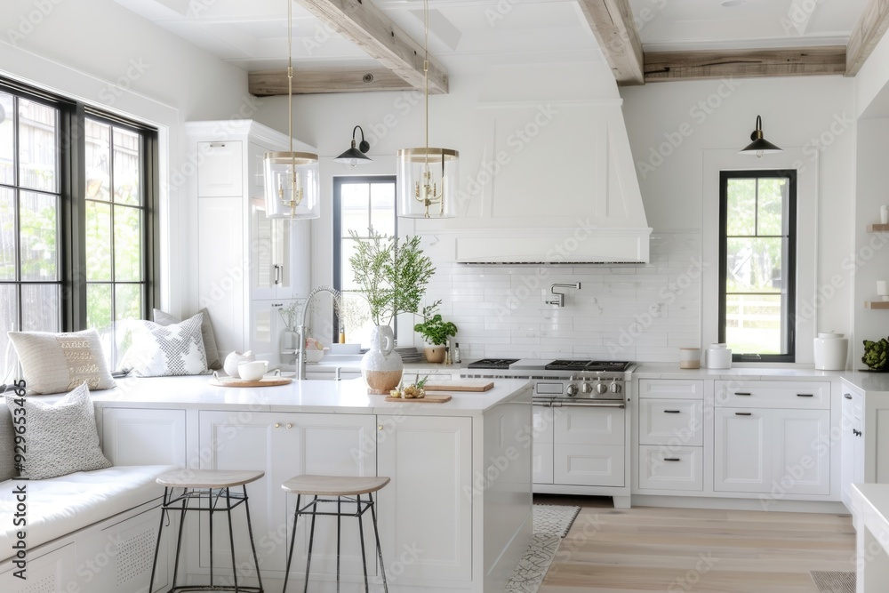 Fototapeta premium Minimal white kitchen featuring cozy seating and elegant touches