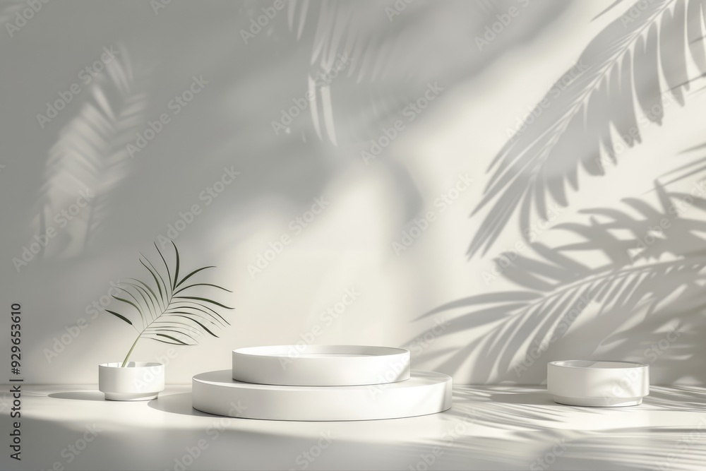 Sleek product display with a minimalistic aesthetic and leaf shadows Sleek product display with a minimalistic aesthetic and leaf shadows