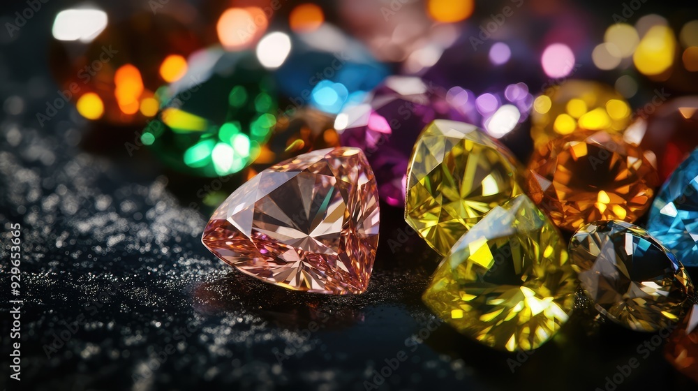 An elegant display of glimmering diamonds and colorful gemstones set against a dark, glossy surface, highlighting their brilliance. An elegant display of glimmering diamonds and colorful gemstones set against a dark, glossy surface, highlighting their brilliance.