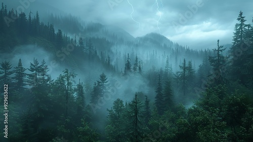 Misty forest at night time. AI generated.