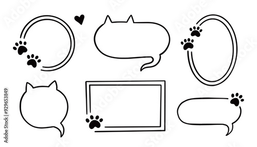Cat dog pet frame, speech bubble cute set. Hand drawn sketch doodle line style animal pet frame design. Cat, dog paw cute talk speech bubble design. Puppy round footprint badge. Vector illustration.