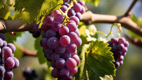 image of fresh grapes, on green leaves stock