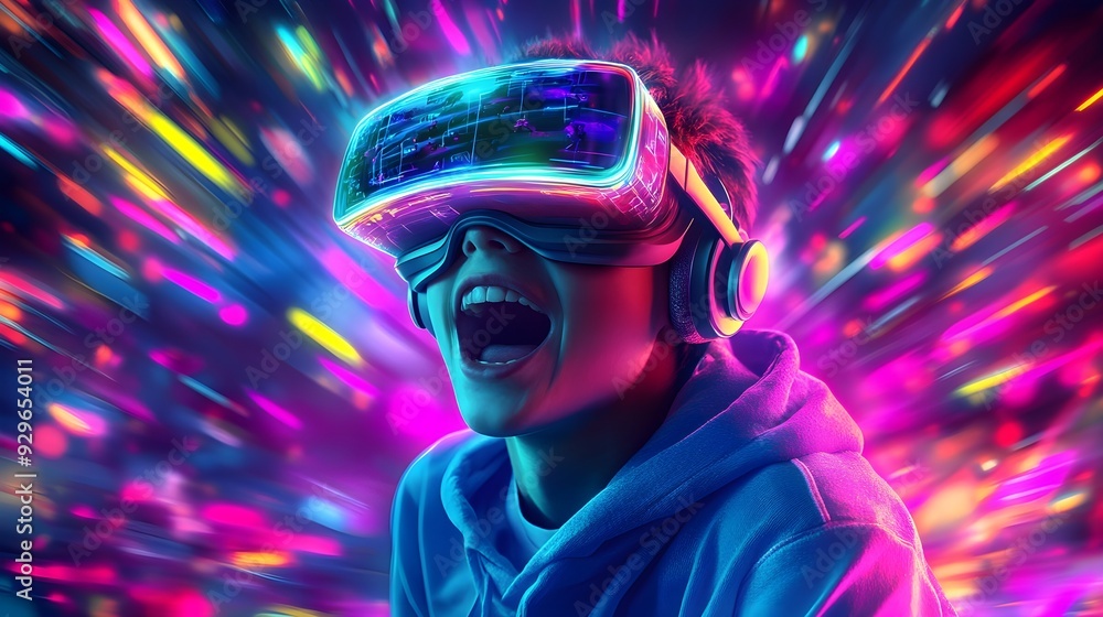 Excited Gamer Wearing VR Headset In Neon Lights Excited Gamer Wearing VR Headset In Neon Lights