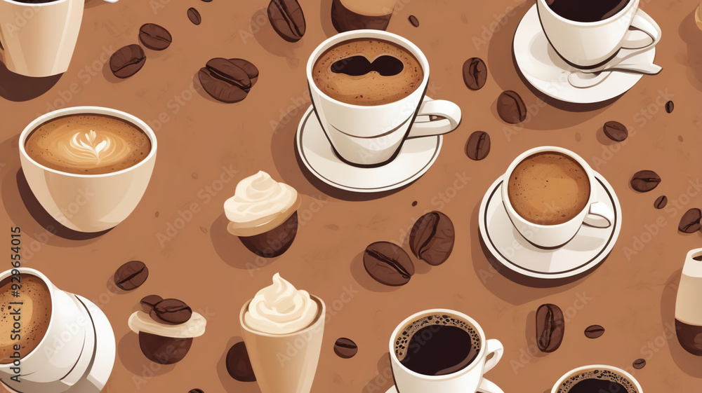 Fototapeta premium Seamless pattern with coffee cups, whipped cream, and coffee beans on brown background, cozy cafe style