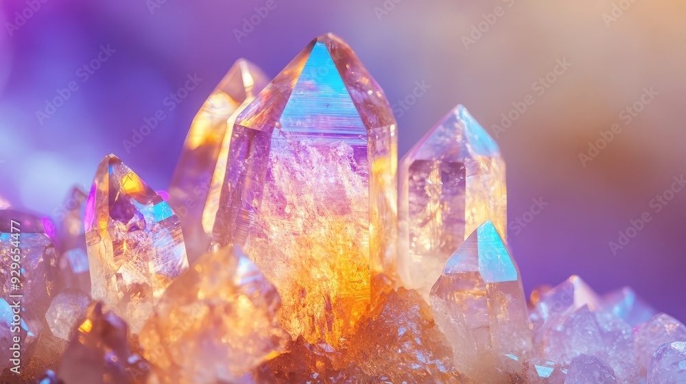 A close-up of a large, luminous aurora quartz crystal with vibrant hues and intricate details, against a softly glowing background. A close-up of a large, luminous aurora quartz crystal with vibrant hues and intricate details, against a softly glowing background.