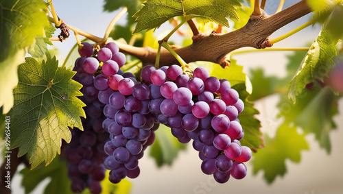 image of fresh grapes, on green leaves stock