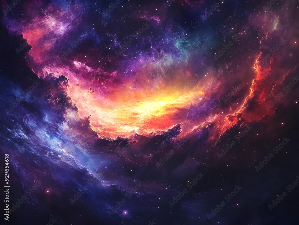 Fototapeta premium Captivating Cosmic Embrace A breathtaking view of a swirling galaxy with vibrant nebulae and glowing celestial bodies evoking a sense of wonder and the infinite mysteries of the universe