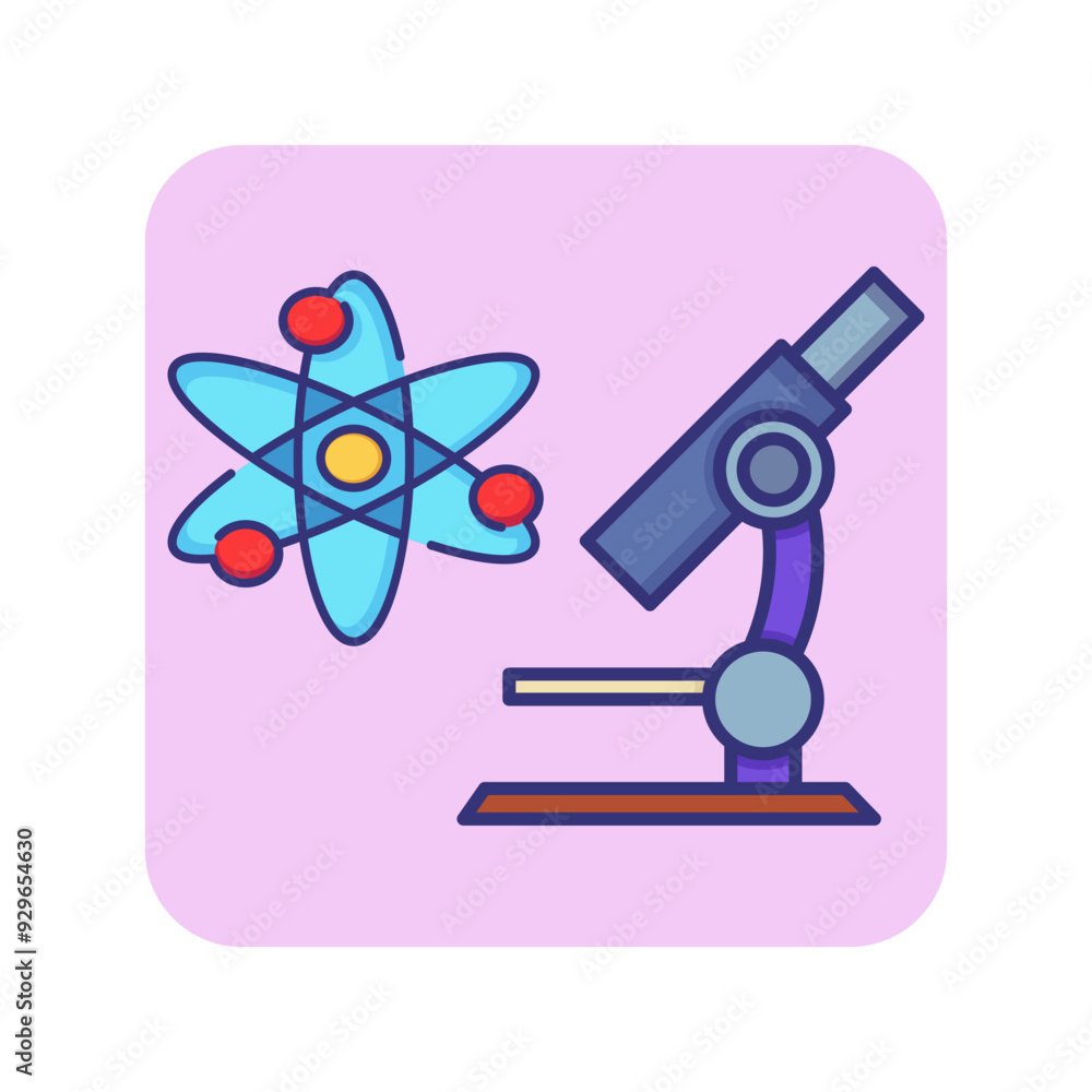 Microscope and atom line icon. Atom, orbit, lab equipment. Education and science concept. Can be used for topics like school, physics, studying Microscope and atom line icon. Atom, orbit, lab equipment. Education and science concept. Can be used for topics like school, physics, studying