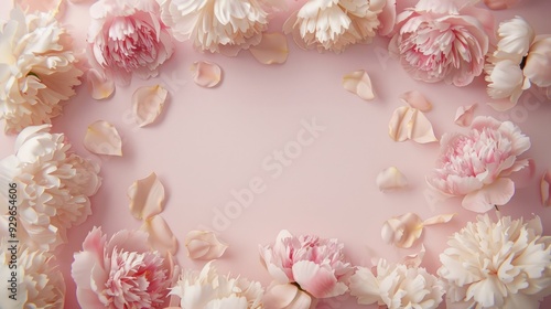 A stylish flat lay arrangement showcasing a frame of beautiful peony flowers on a blush pink background, offering a chic and sophisticated design element for enhancing various creative projects.