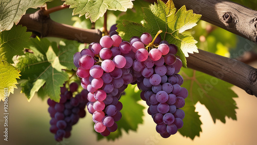 image of fresh grapes, on green leaves stock