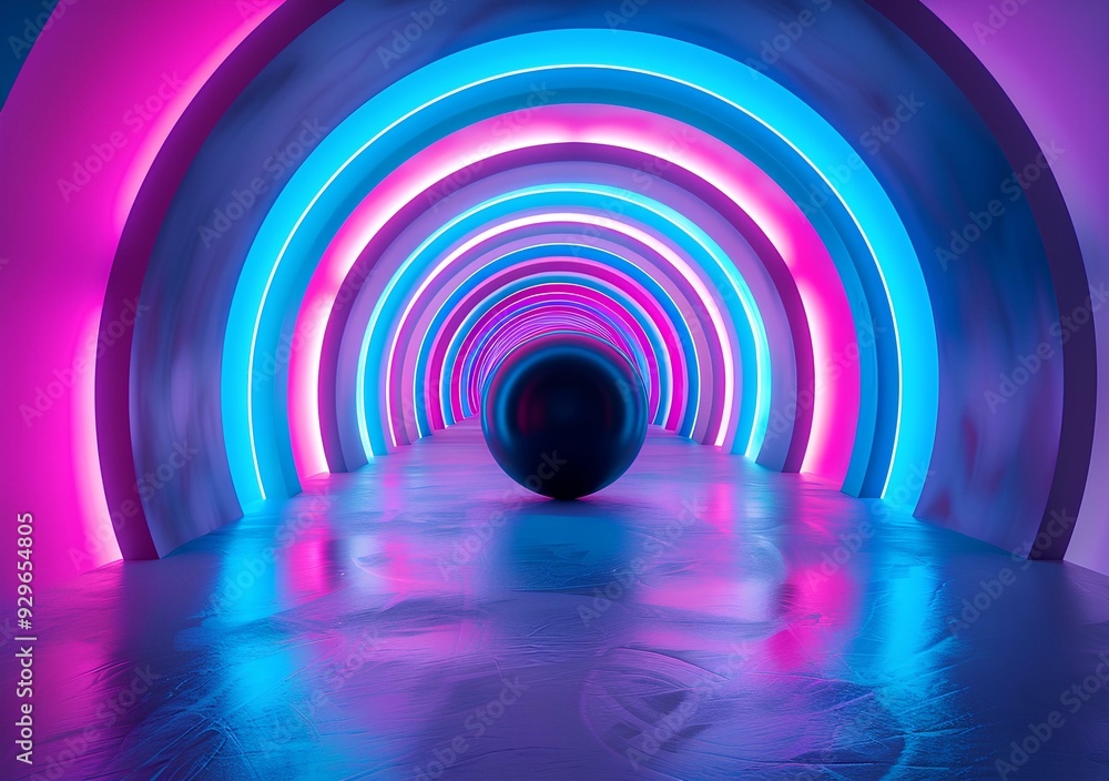 3d render of futuristic tunnel with neon light arches and a black sphere in the center, purple blue background for banner, poster, flyer, packaging, presentation, advertising, web and print mockup 3d render of futuristic tunnel with neon light arches and a black sphere in the center, purple blue background for banner, poster, flyer, packaging, presentation, advertising, web and print mockup