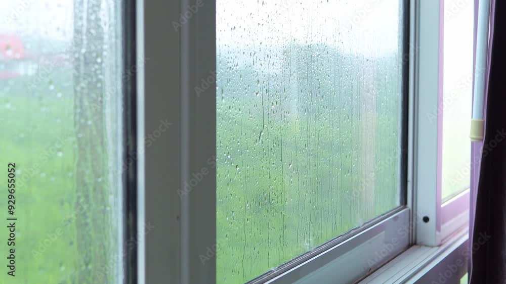 Rain falling on window with blurred background of trees. Rain falling on window with blurred background of trees.
