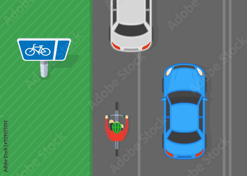 Safe driving tips and traffic regulation rules. Top view of a bicyclist on a with flow pedal cycle lane. Parked car blocked the path. Flat vector illustration template.