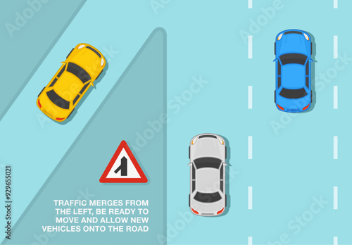 Safe driving tips and traffic regulation rules. British "traffic merges from the left" road sign meaning. Top view of a traffic flow on main road. Flat vector illustration template.