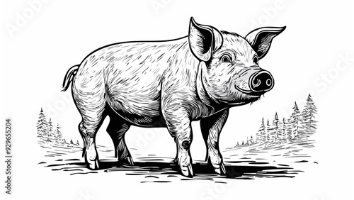 Pig Sketch Style - Animal Farm Mammal Pork Meat Hog Beef Drawn
