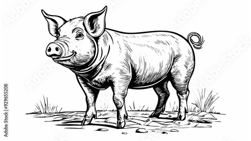 Pig Sketch Style - Animal Farm Mammal Pork Meat Hog Beef Drawn
