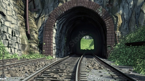 Railway tunnel surrounded by rocky cliffs and greenery. Tracks leading into a dark tunnel. Transportation infrastructure in a natural environment. Travel and railway routes. Generative by AI