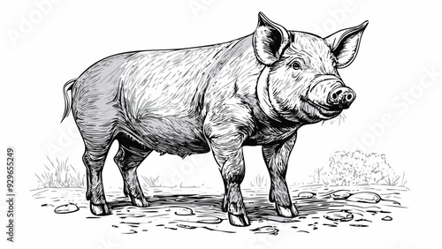 Pig Sketch Style - Animal Farm Mammal Pork Meat Hog Beef Drawn

