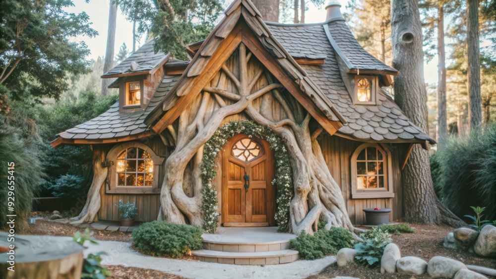 Fototapeta premium Rustic Treehouse with Wooden Door and Windows