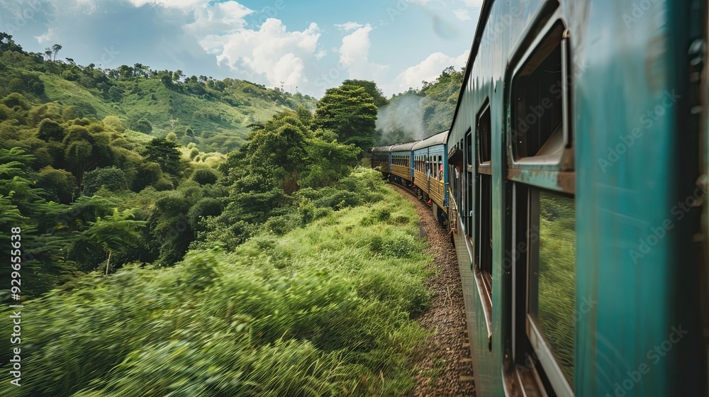 Aerial view of a passenger train moving through lush green forest during daylight. The train is navigating a curved track through dense vegetation. Generative by AI Aerial view of a passenger train moving through lush green forest during daylight. The train is navigating a curved track through dense vegetation. Generative by AI