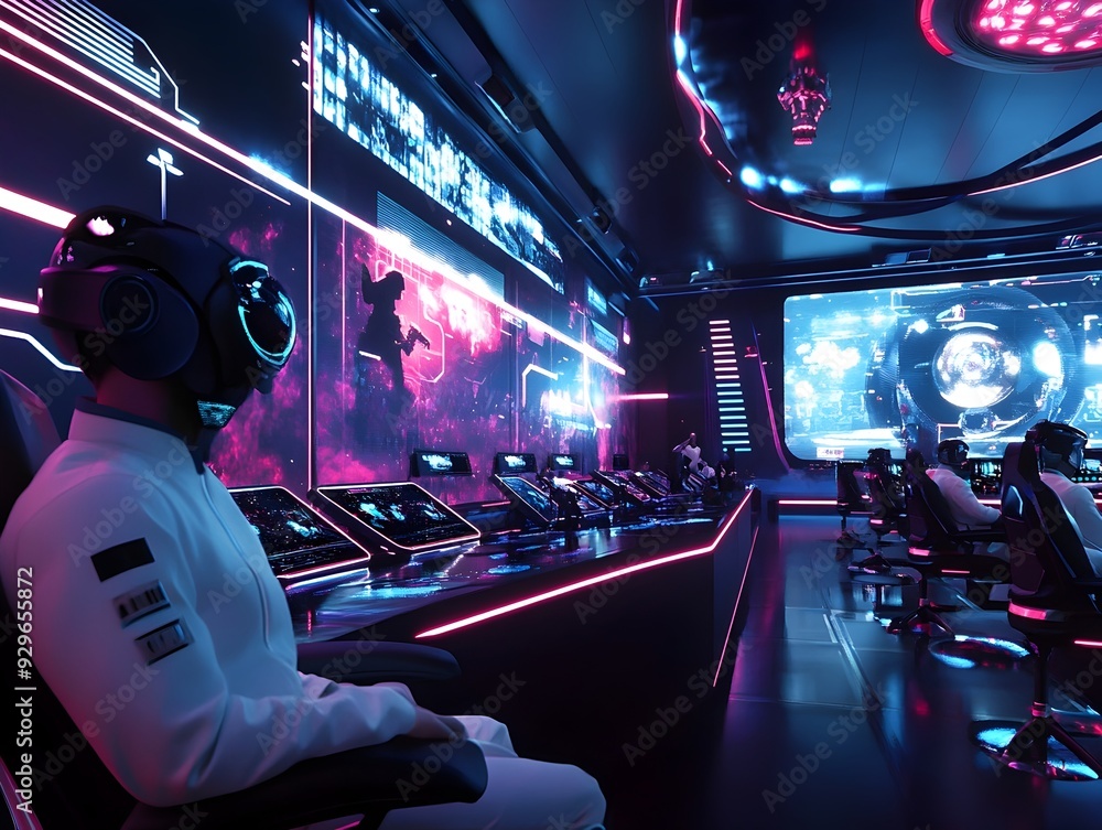 Futuristic 3D rendered virtual esports event with digital avatars competing in a high tech neon lit gaming arena Showcasing the future of competitive gaming in a digital immersive world Futuristic 3D rendered virtual esports event with digital avatars competing in a high tech neon lit gaming arena Showcasing the future of competitive gaming in a digital immersive world