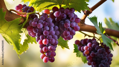 image of fresh grapes, on green leaves stock