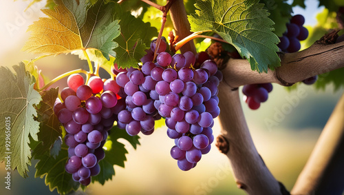 image of fresh grapes, on green leaves stock