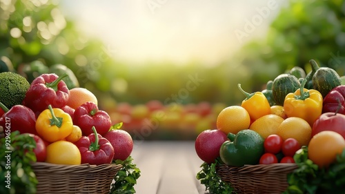 Organic farmers market, fresh produce display, 3D illustration