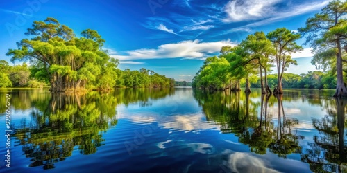 Trees and plants floating on fishing lake water under blue summer sky in the southern United States, trees