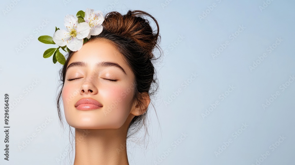 Young Woman with Natural Makeup and Floral Hair Decoration. Young Woman with Natural Makeup and Floral Hair Decoration.
