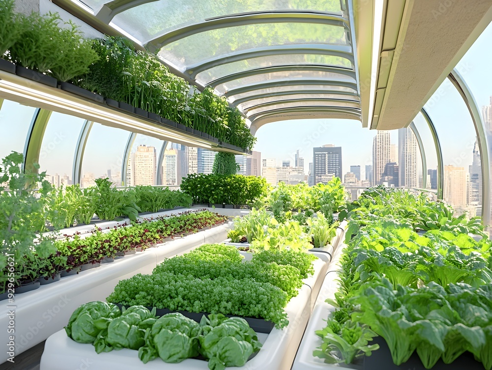 Curated visual reference: Modern Urban Farm Design Reference: Vertical Organic Rooftop Farm In Urban Greenhouse With Diverse Crops