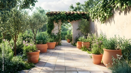 Lush organic herb garden showcasing a 3D perspective with aromatic plants terracotta pots and natural watering systems textures create a and inviting scene for herbal farming and sustainable living