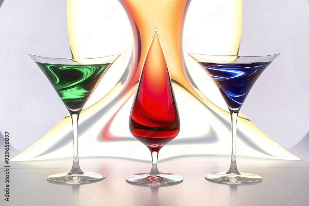Three distinct glasses filled with colorful liquids Three distinct glasses filled with colorful liquids